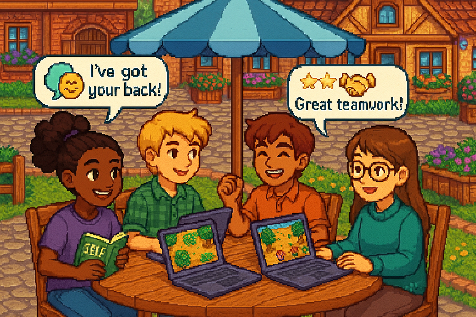 Stardew Valley Social Skills Therapy – Teamwork for Neurodivergent Teens - Level Up Wellness Pixel art Stardew Valley scene with four diverse teens at an outdoor café, laptops open, smiling and talking while playing together, illustrating teamwork and social skills building for neurodivergent teens.